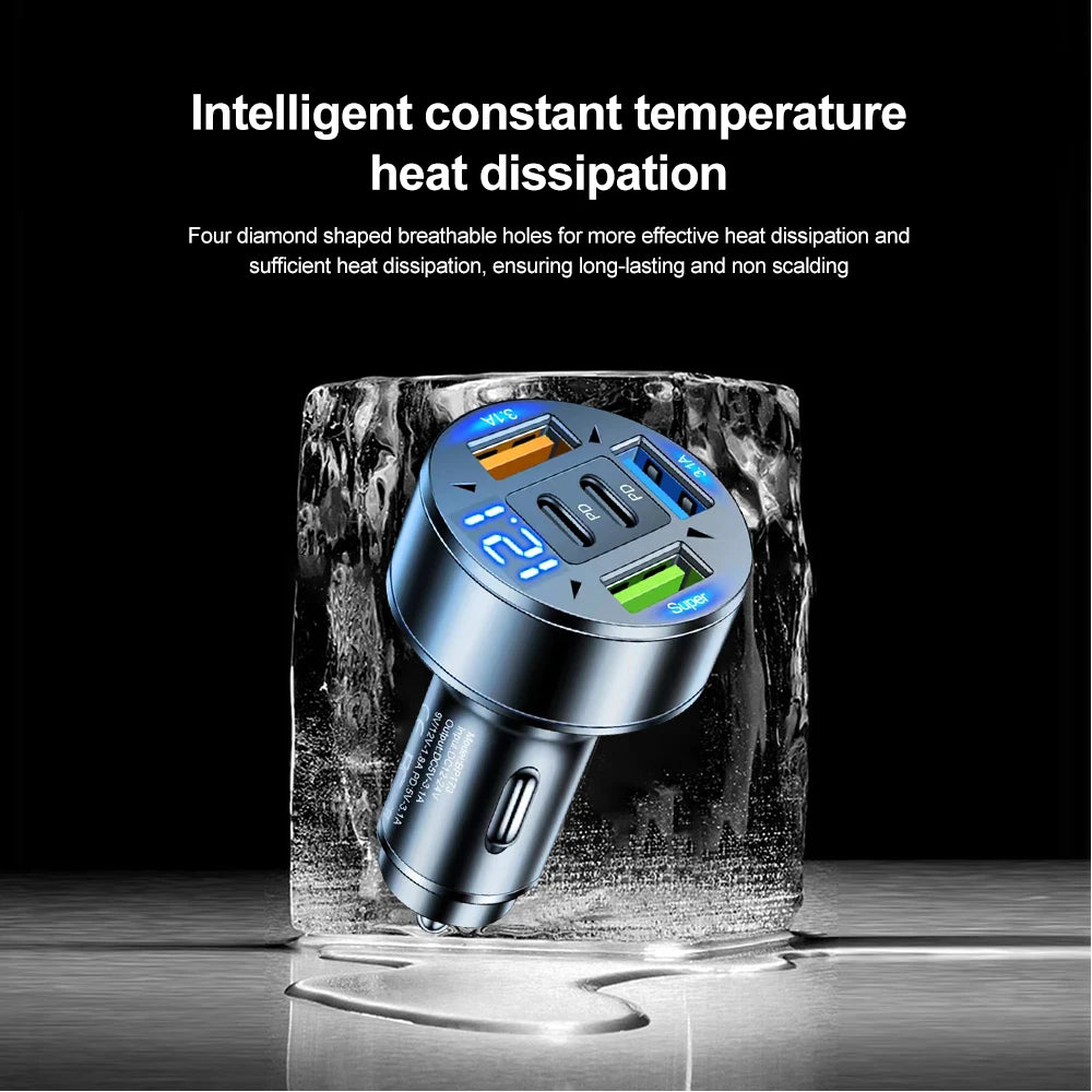 250W 5 Ports Car Charger Fast Charging PD QC3.0 USB C Car Phone Charger Adapter With Voltage For iPhone Samsung Huawei Xiaomi - Smarsty