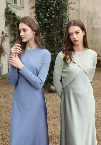 AS 2025 spring summer elegance satin dress + knitted top match set maxi floor length woman clothes