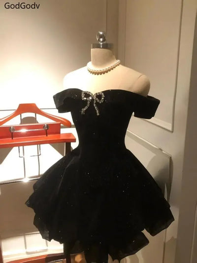 Black French Vintage Elegant Design Woman Dress Gothic Off Shoulder Retro Mini Dress Female Fairy Birthday Party Chic Outfits - Smarsty