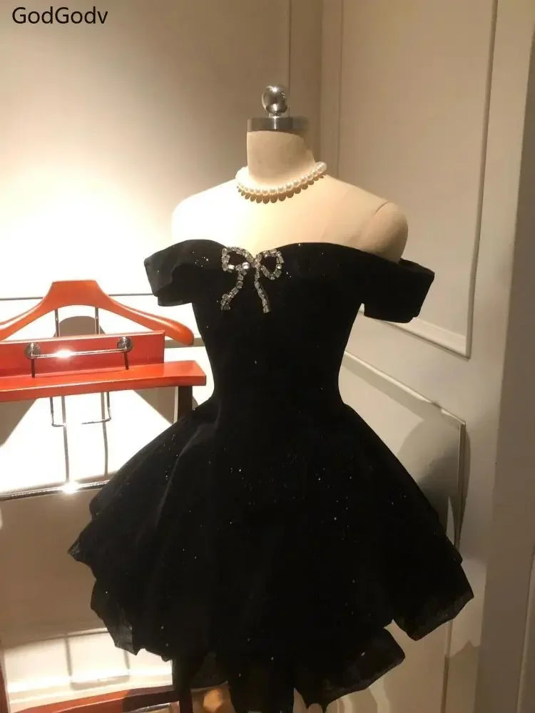 Black French Vintage Elegant Design Woman Dress Gothic Off Shoulder Retro Mini Dress Female Fairy Birthday Party Chic Outfits - Smarsty