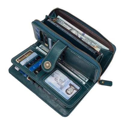 Rfid Anti-Theft Wallet for Men and Women, European and American Retro Leather Long Wallet Clutch, Oil Wax Leather Cut Out Multi-Card Slot Wallet, Large Capacity Zipper 70% off Clutch Bag, Card Holder Coin Purse Hand Bag - Smarsty