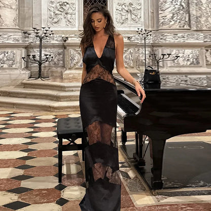 Elegant Lace Halter Dress Women Slim V-neck Backless Evening Long Dresses Woman Sleeveless Vintage Party Robe Lady Spring Summer - Smarsty