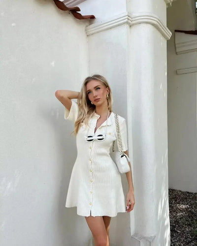 Trendix Elegant Knit Mini Dress Women Street Slim High Waist Short Sleeve Rib Sweater Dresses Vacation Bodycon Knitwear Dress - Smarsty