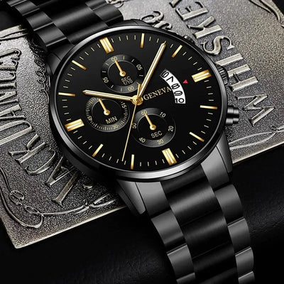 Luxury Black Stainless Steel Men's Watch with Calendar Feature - Smarsty