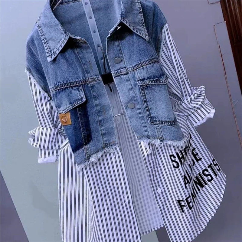 New Splicing Denim Jacket Women Spring Autumn Korean Fashion Denim Shirt Ladies Tops Casual Jean Coat Female Windbreaker - Smarsty