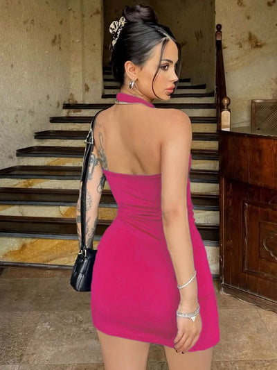 Halter Dress Seveless Backless Side Slit Neck-mounted Mini Dresses Knitted Sheath Streetwear 2024 Summer Woman Clothing Y2K 2406 - Smarsty