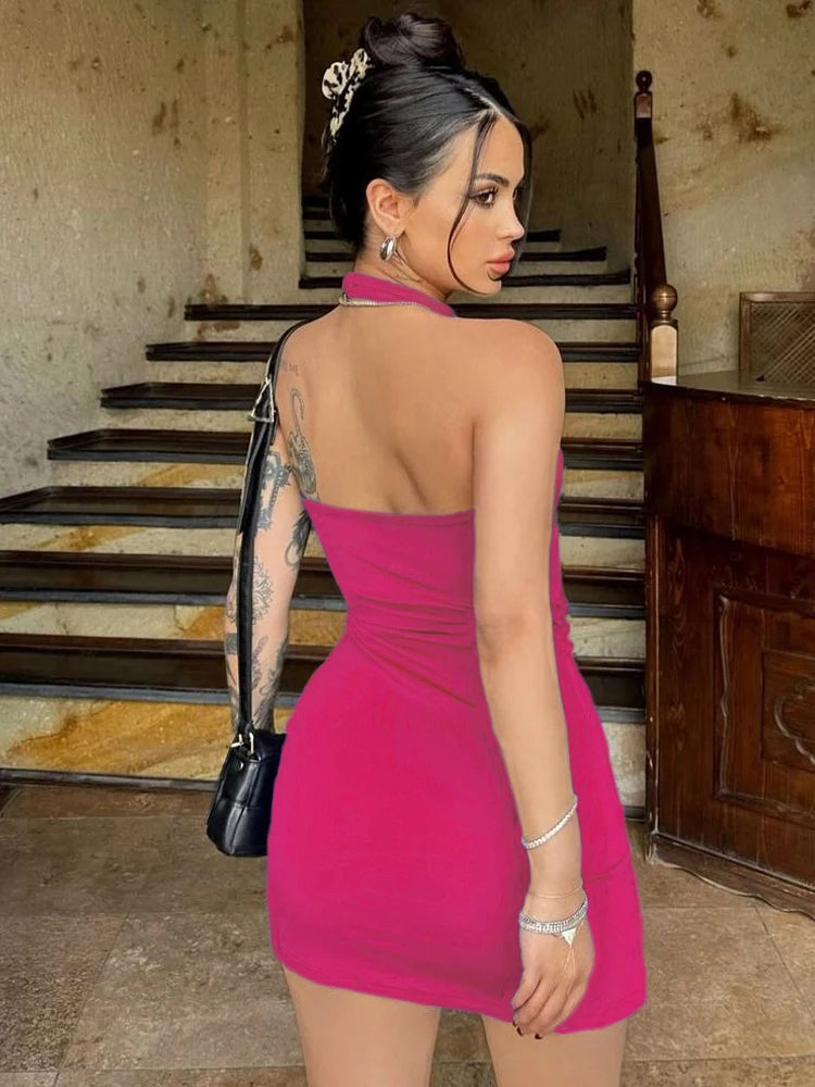 Halter Dress Seveless Backless Side Slit Neck-mounted Mini Dresses Knitted Sheath Streetwear 2024 Summer Woman Clothing Y2K 2406 - Smarsty