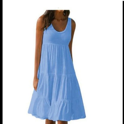 Bohemian Women's Casual O Neck Sleeveless Ruffle Mini Dress Solid Color Beach Tank Top Oversized Loose Dress Plus Size Women3029 - Smarsty