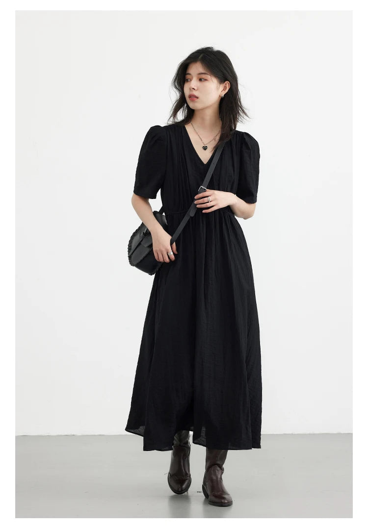 CHIC VEN Women Dresses French Style Vintage V-neck Puff Sleeve Long Dress Solid Black Loose Female Clothing Summer New 2023 - Smarsty