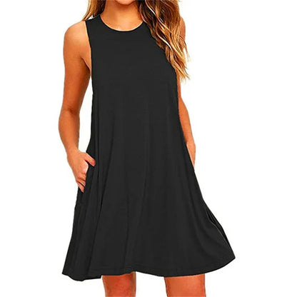 Women's Dress Summer Casual T Shirt Dresses Beach Cover up Plain Pleated Tank Pockets Dress - Smarsty