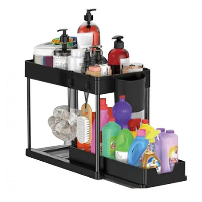 2 Tier Under Sink Organizer Sliding Cabinet Basket Organizer Storage Rack with Hooks Hanging Cup Bathroom Kitchen Organizer