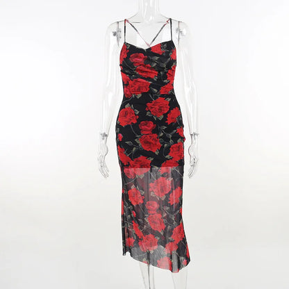 Flowers Print Spaghetti Strap Dresses Women Temperament Package Hip Bodycon Long Dress Fashion Sexy Backless Lady Slim Vestidos