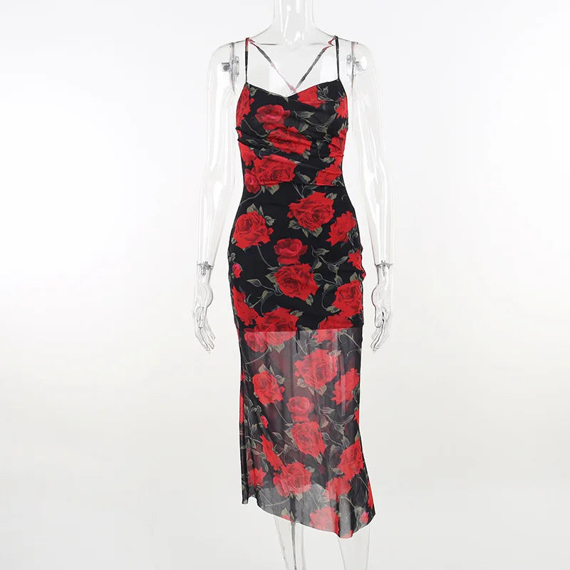 Flowers Print Spaghetti Strap Dresses Women Temperament Package Hip Bodycon Long Dress Fashion Sexy Backless Lady Slim Vestidos