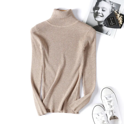 2025 Autumn Winter Women Long Sleeve Knitted Foldover Turtleneck Ribbed Pull Sweater Soft Warm Femme Jumper Pullover Clothes - Smarsty