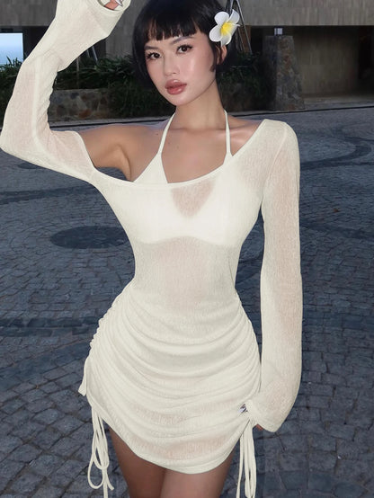 Dulzura Solid Skew Collar Ruched Straps Lace-Up See Through Draw String Mini Dress 2023 Summer  Women Party Clubwear Wholesale - Smarsty