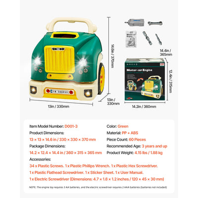 SucceBuy 60 Pcs Kids Mechanic Car Repair Set with Removable Parts & Horn Workshop Set Engine Toy for Toddler Children Gift