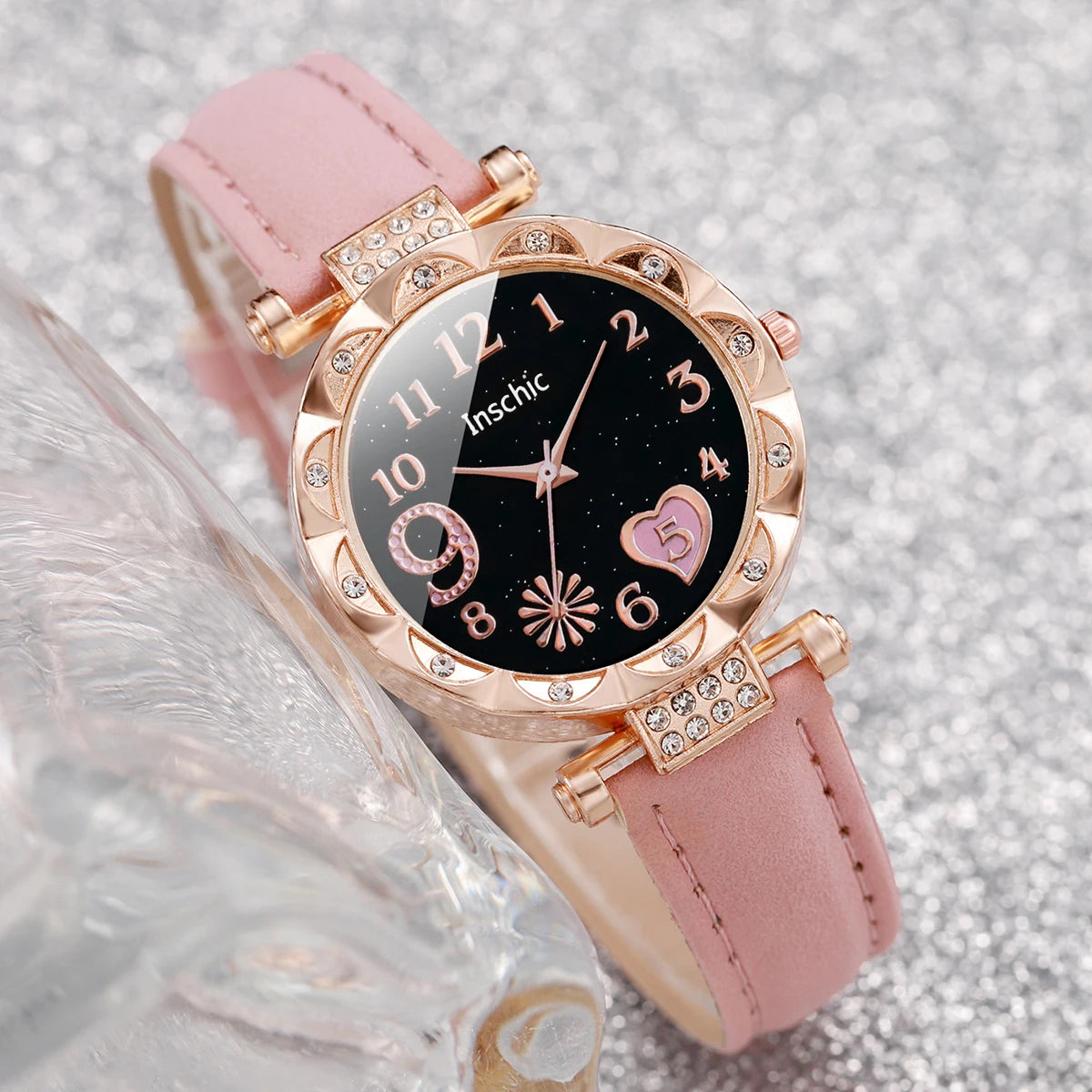Fashion Heart Dial Women's Watch Set with Leather Band - Smarsty