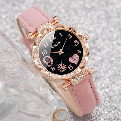 Fashion Heart Dial Women's Watch Set with Leather Band - Smarsty