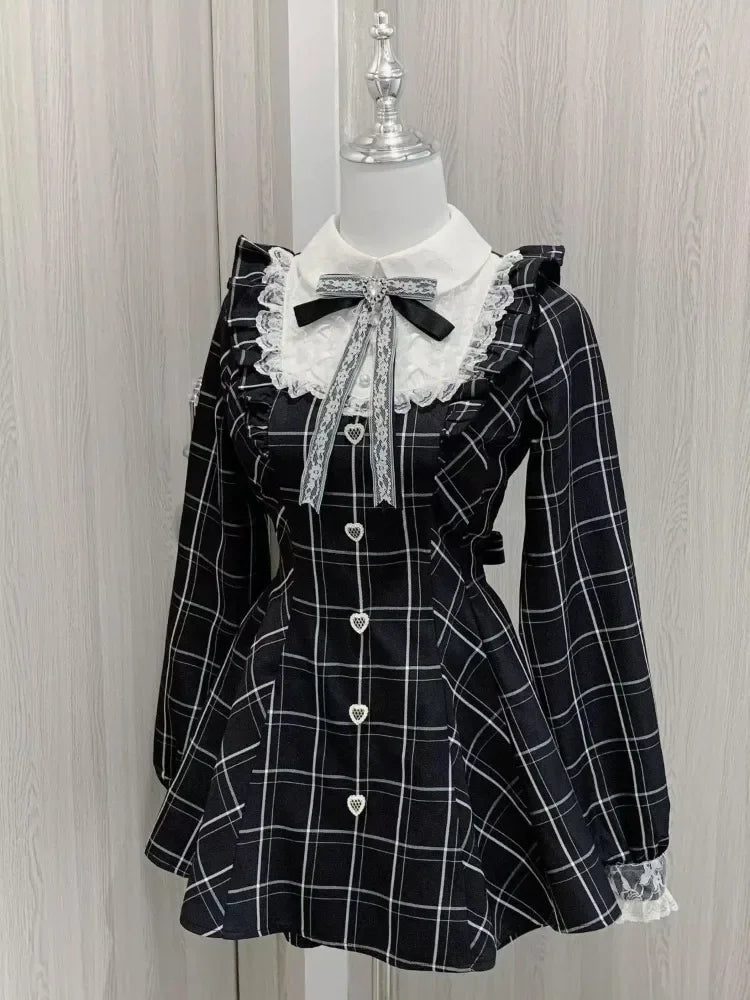 Harajuku Sweet Bow Black Plaid Dresses All-match Slim Fit Kawaii Lolita Dress for Women Autumn New Long Sleeve Vestidos De Mujer - Smarsty