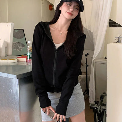 Gray Zipper Hooded Sweatshirt Women 2025 New Korean Slim Fit Cardigan Long Sleeve Coat Woman Solid Pockets Sports Hoodies Jacket - Smarsty