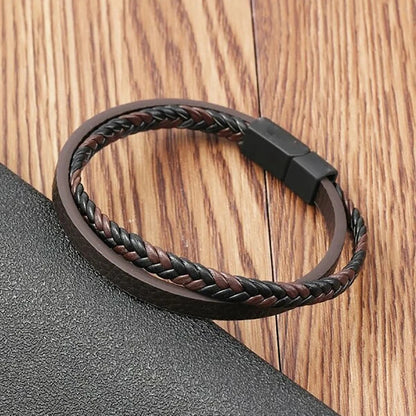Men's PU Leather Magnetic Bracelet Two Layer Cuff - Smarsty