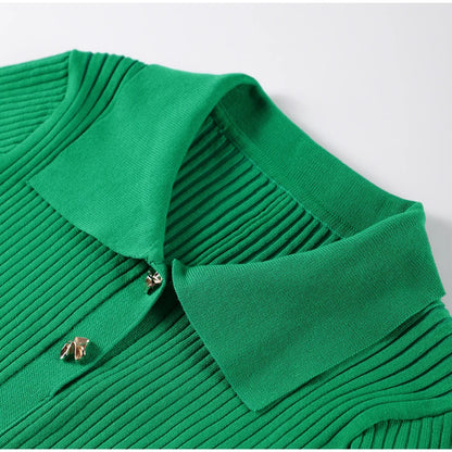 Elegant Knitted Dress Women Solid Single Breasted O Neck Short Sleeve High Waist Hip Package Dresses 2025 Autumn Chic Robes Lady