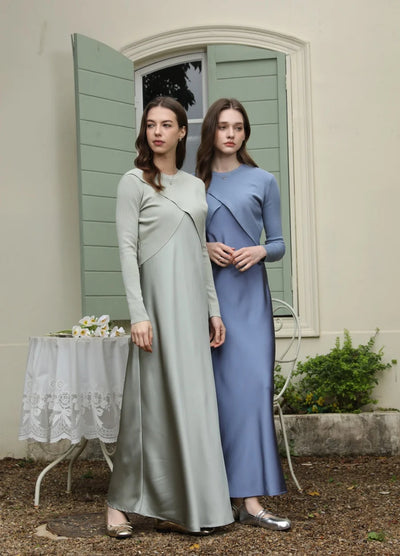 AS 2025 spring summer elegance satin dress + knitted top match set maxi floor length woman clothes - Smarsty