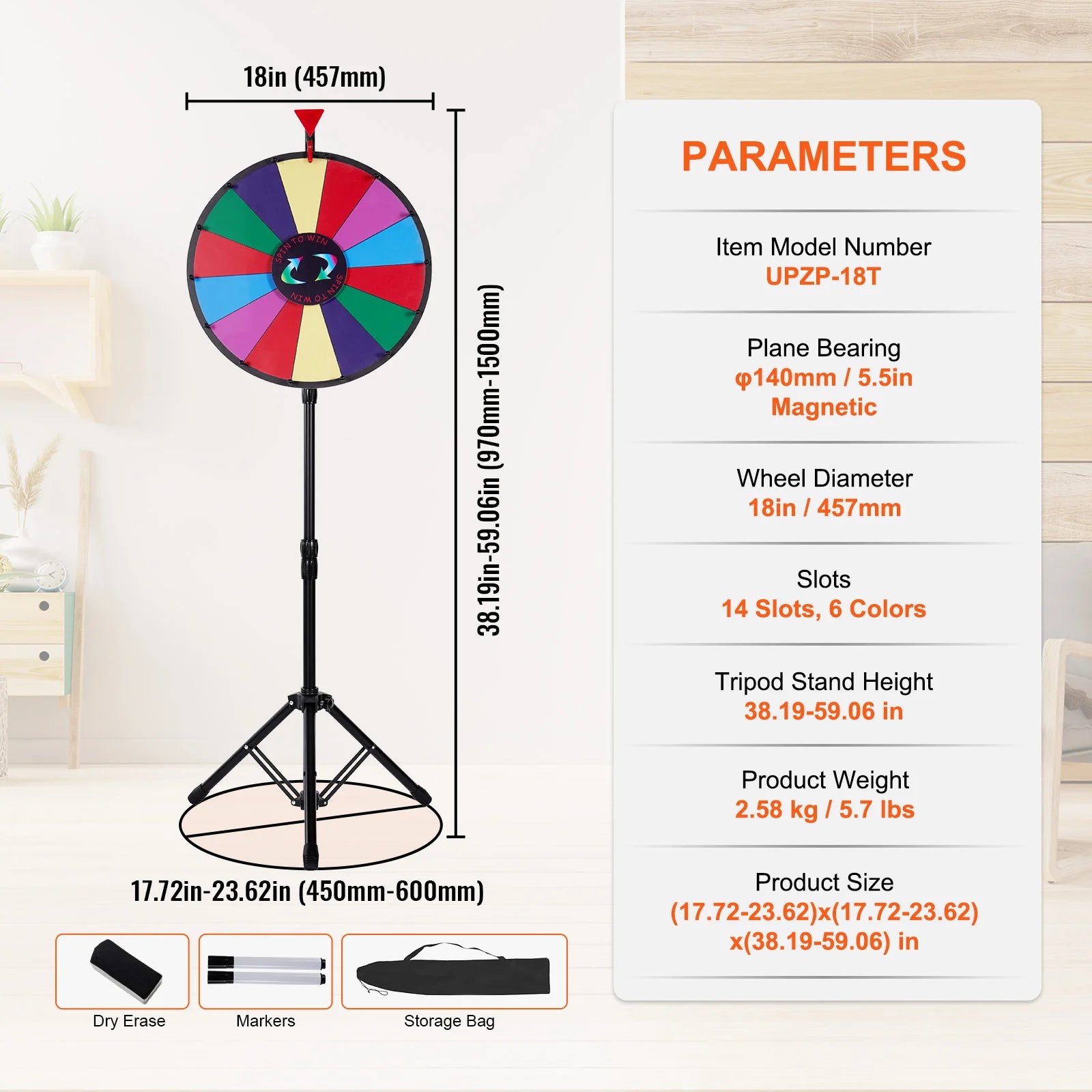 SucceBuy 18 Inch Tabletop Color Prize Wheel w/ Folding Tripod Floor Stand 14 Slots Dry Erase for Win Fortune Spinning Stand Game - Smarsty