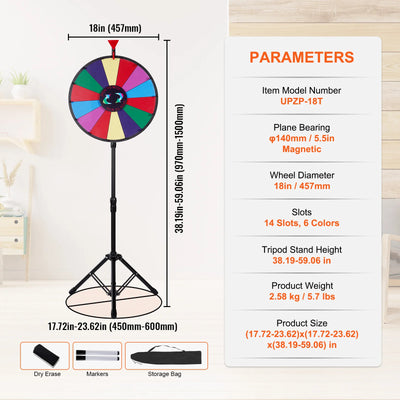 SucceBuy 18 Inch Tabletop Color Prize Wheel w/ Folding Tripod Floor Stand 14 Slots Dry Erase for Win Fortune Spinning Stand Game - Smarsty