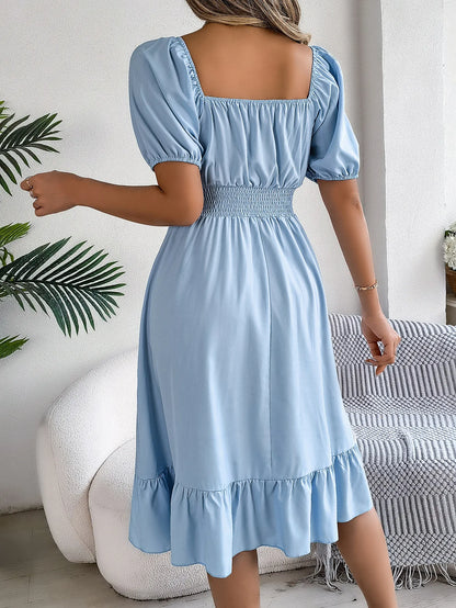 Women's MIidi Dresses 2024 Summer Casual Square Neck Short Sleeved Waist Ruffle Edge Dress Dress Women Elegant Платья Женские - Smarsty