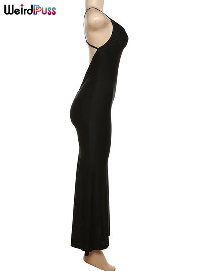 Weird Puss Sexy Backless Women Evening Maxi Dress Folds V-Neck Sleeveless Coquette Elegant Mermaid Matching Banquet Prom Bodycon - Smarsty