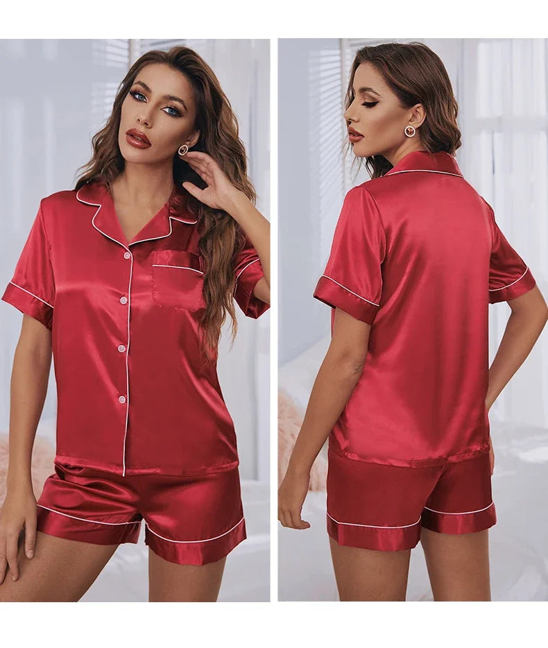 Summer Pijamas Sets Women Sleepwear Silk Satin Button-Down Short Sleeve Tops and Shorts Two-piece Loungewear - Smarsty