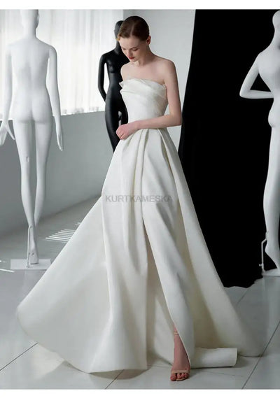 French Luxury White Satin Trailing Wedding Dresses for Bride 2025 Women Elegant Sexy Strapless Long Prom Party Dress vestidos - Smarsty