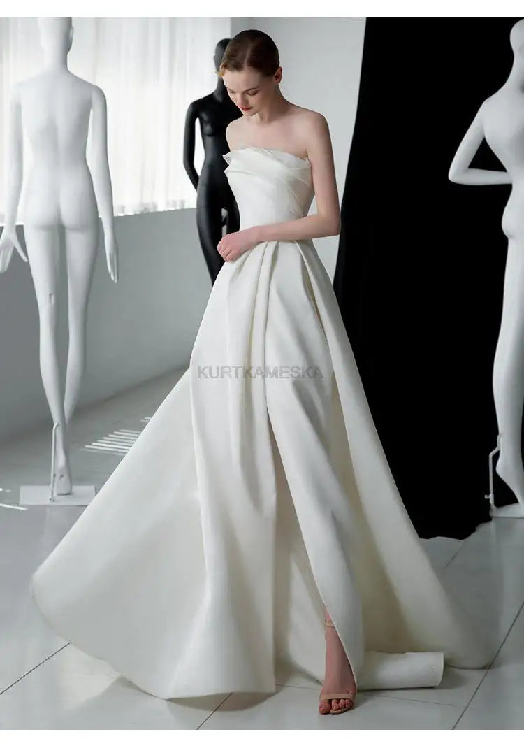 French Luxury White Satin Trailing Wedding Dresses for Bride 2025 Women Elegant Sexy Strapless Long Prom Party Dress vestidos