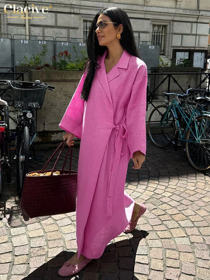 Clacive Casual Loose Pink Cotton Dress Ladies Fashion Lapel Long Sleeve Ankle Length Dress Elegant Lace-Up Dresses For Women - Smarsty