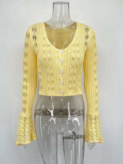 TARUXY Hollow Knitted Cardigan Women's Solid Long Sleeve V Neck Short Sweater Top Summer 2025 New Female Crochet Casual Outwear - Smarsty