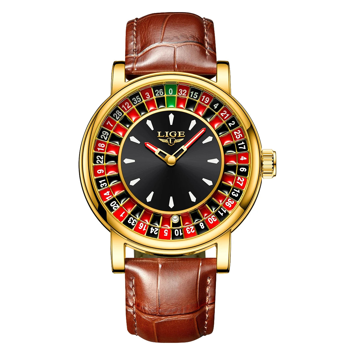 LIGE Waterproof Brown Leather Men's Roulette Watch - Smarsty