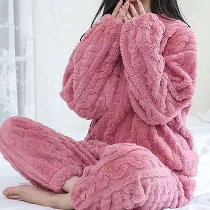 Autumn Women Solid Warm 2 Piece Sets Thicken Velvet Ribbed Fleece Set Pullover And Pants Women Casual Pajama Sets 2024 - Smarsty