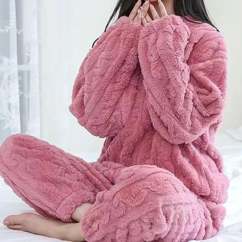 Autumn Women Solid Warm 2 Piece Sets Thicken Velvet Ribbed Fleece Set Pullover And Pants Women Casual Pajama Sets 2024 - Smarsty