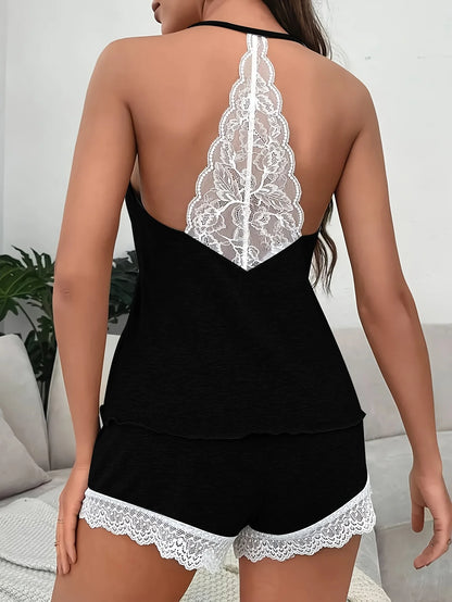 Women's Grey Spaghetti Strap Pajama Set Lace Hem Cami Top and Shorts Soft Knit Sleepwear Loungewear Comfortable Casual Pjs - Smarsty