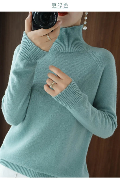 Fashion Basic Autumn Winter  Merino Wool Sweater Mock Neck Cashmere Pullover  Solid Color Soft Long Sleeve Clothing Tops - Smarsty