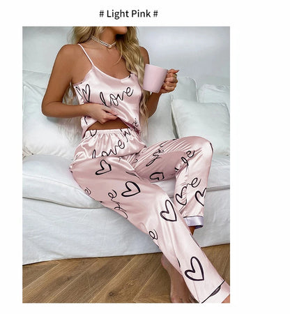 Women Satin Silk Pajamas Sets Letter Print Cami Vest Shirt With Trouser Sleepwear Ladie Sexy Pajama Lingerie Pyjamas Nightwear - Smarsty