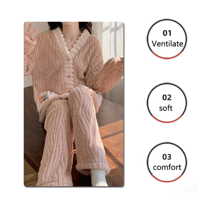 Thickened Warm Flannel Women Sleepwear Loungewear Cardigan Suit Winter Sweet Kawaii Soft Fairy Wind Ladies Pajamas Homewear - Smarsty