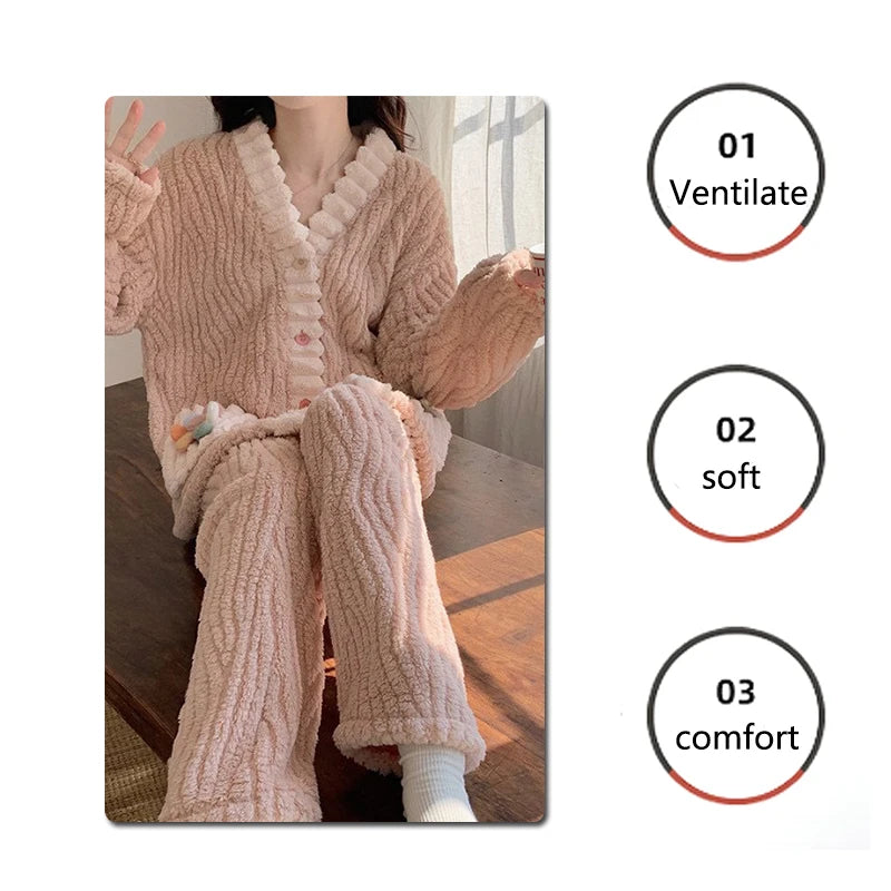 Thickened Warm Flannel Women Sleepwear Loungewear Cardigan Suit Winter Sweet Kawaii Soft Fairy Wind Ladies Pajamas Homewear - Smarsty