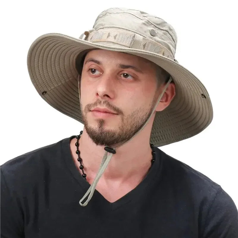 Summer Men Bucket Hat Outdoor UV Protection Wide Brim Panama Safari Hunting Hiking Hat Mesh Fisherman Hat Beach Sunscreen Cap - Smarsty