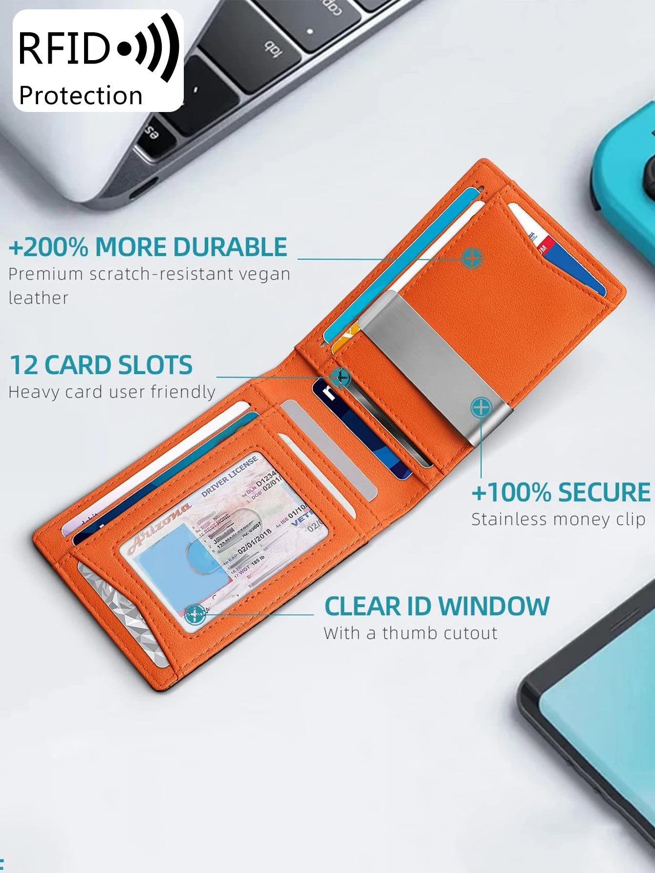 Minimalist men's wallet RFID anti-theft brush double fold cross front pocket portable card holder 12 card multifunctional wallet - Smarsty