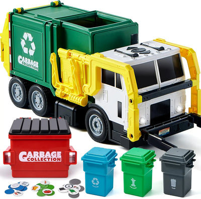 JOYFY Large Friction Powered Garbage Truck Toy Set With Includes Dumpster Trash Bins for Boys Toys Birthday Christmas Gift