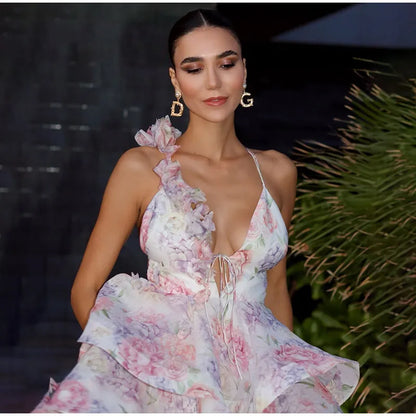 Women Mesh Patchwork Flower Print Mini Dress Elegant V-neck Short Sleeve High Waist A-line Dresses 2025 New High Street Vestidos - Smarsty