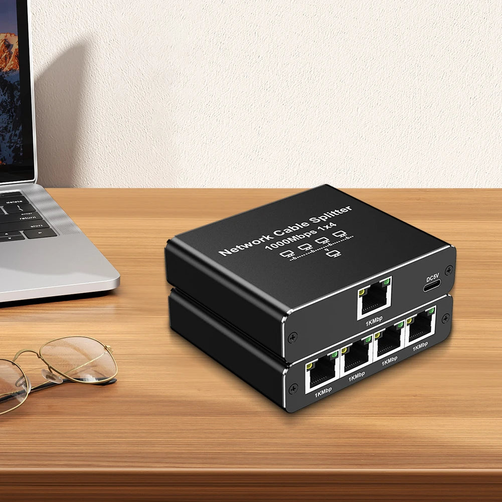 1 To 4 RJ45 Splitter High Speed 1000Mbps Network Connector Splitter HUB 4 Devices Simultaneously Networking for Cat6/7/8 Cable