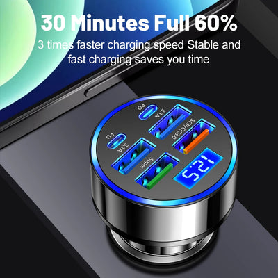 Ultra High Efficiency Car Charger With PD QC30 Six Ports - Smarsty